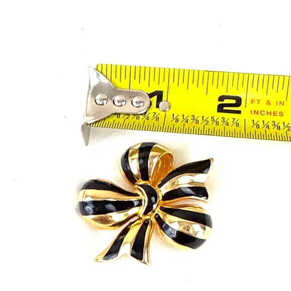 Joan Rivers Gold Black Enamel Striped Bow Flower Brooch Pin 2” Vintage Gif - Picture 7 of 7